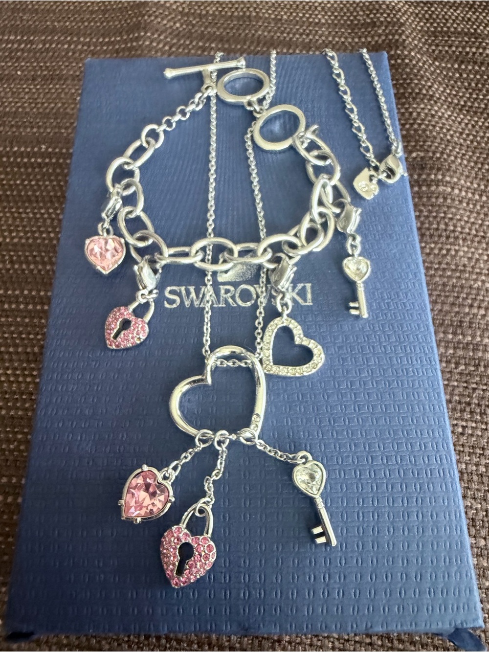 Swarovski Silver-Tone Heart & Key Charm Necklace and bracelet with Pink Crystals